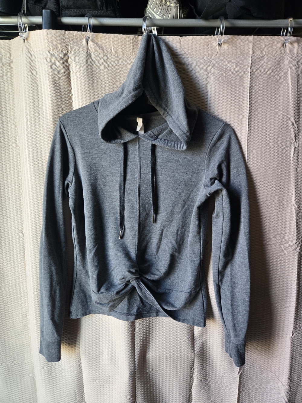 Adrienne Vittadini Sport Heather Gray Hooded Knit Pullover with Front Knot